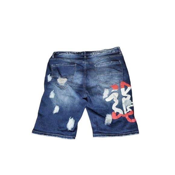 Rutherford Shorts Men Sz 36 Blue Denim Engineered Slim Fit‎ Streetwear Graffiti - Picture 2 of 5